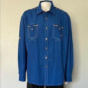 Blue Western Shirt Mens 2XL Button Down Embroidered Streetwear Red Ape